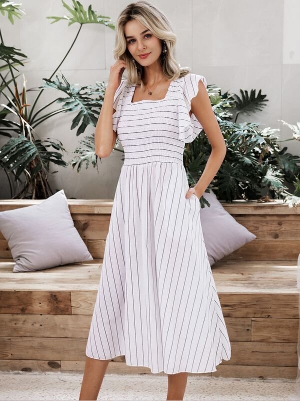 Simple White Pinstripe Square-Neck Midi Dress